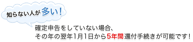 知らない人が多い！確定申告をしていない場合、その年の翌年1月1日から5年間還付手続きが可能です！